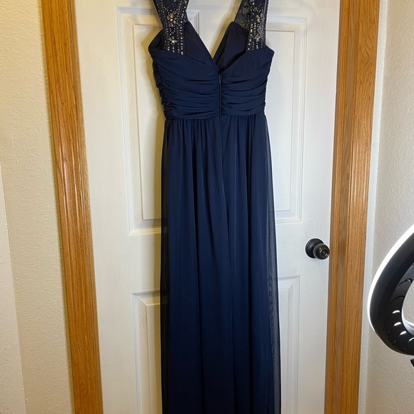 Night Way Collections Ruched Blue Sleeveless Gown - Picture 2 of 5